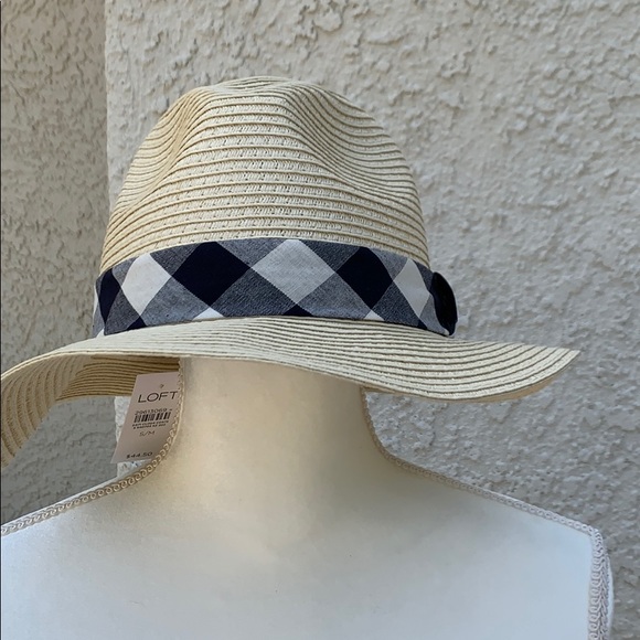 LOFT Gingham Bow Straw Fedora Size S/M